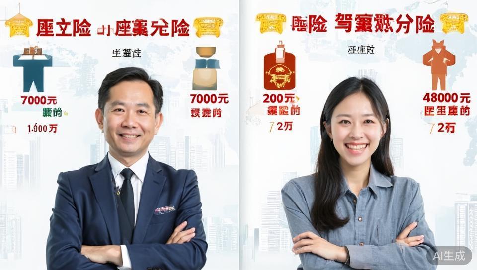 一张对比表格，左侧是座位险每座1万元赔7000元的示意图，右侧是驾乘险每座20万赔48000元的示意图，中国风格清晰图表，白色背景