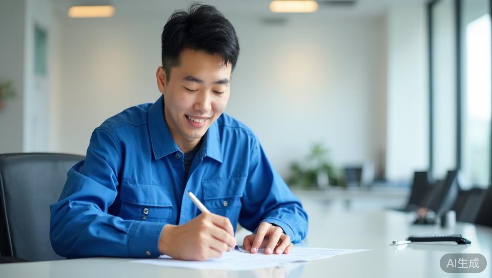 一位年轻中国男子在车管所服务窗口前填写过户表格,蓝色工作服背景下,神情专注,白色灯光,简洁明亮
